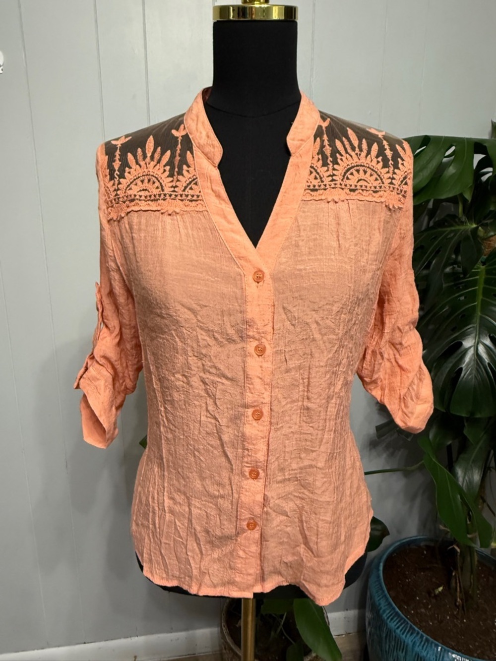 #15)  Light Peach Embroidered-Lace Button-Up Women's Top